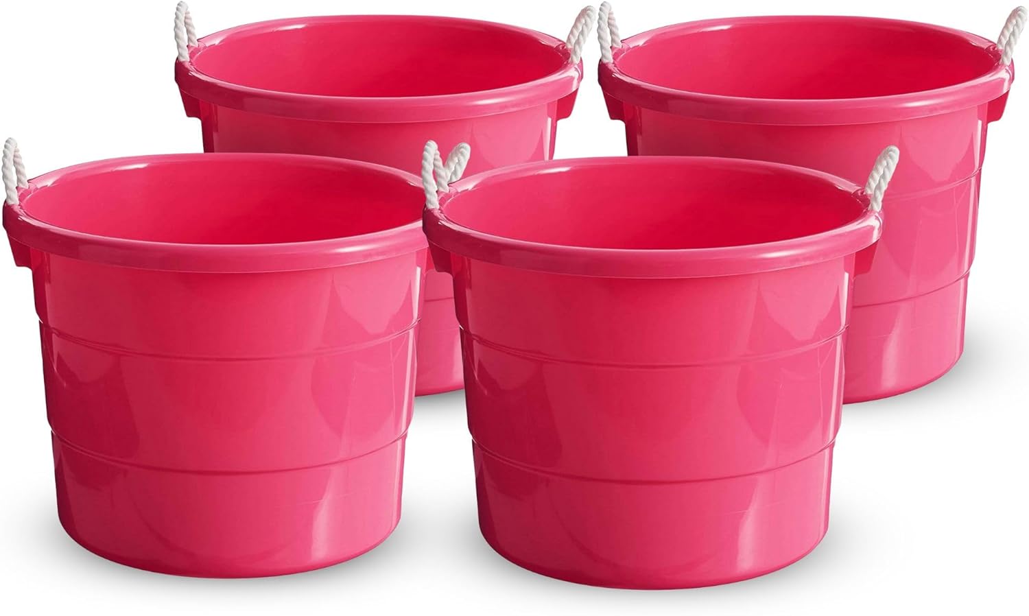 HOMZ 4-Pack Utility Tub, Large Plastic Storage Bucket with Rope Handles, 18 Gallon, Pink - Portable Indoor and Outdoor Buckets for Kitchen, Laundry, Garden, Bathroom, and Garage Organization
