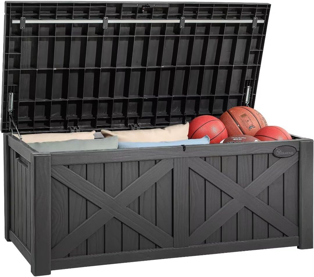 YITAHOME 120 Gallon Large Deck Box with X-Shaped Front, Resin Outdoor Storage Boxes, Waterproof Cushion Storage Bench for Patio, Pool Supplies, Garden Tools - Lockable, Dark Gray