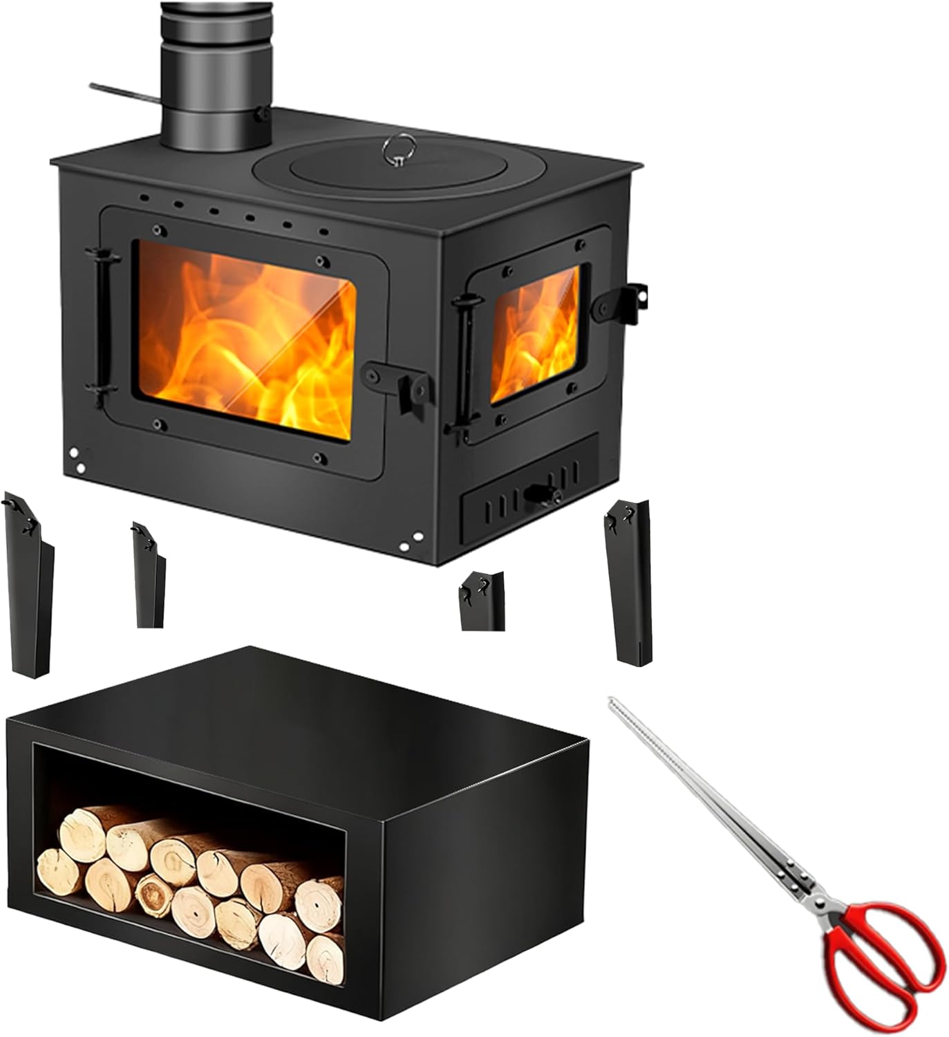 Wood Burning Stove with Legs, Black Steel, Includes Firewood Storage Rack and Fireplace Poker, Multi-View Glass Door,Heating coverage for 200–750 square feet