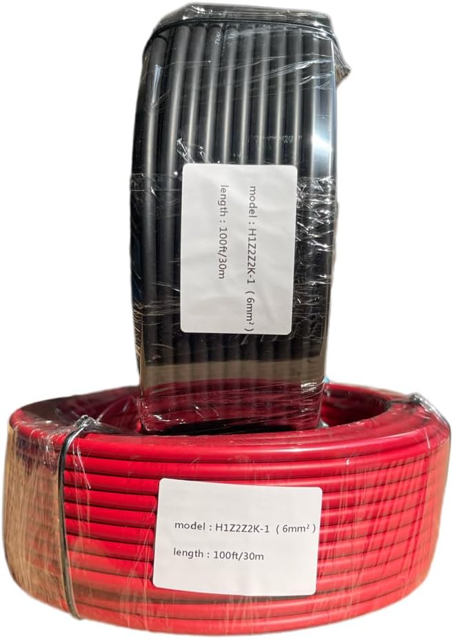 Solar Cable 100Ft 30M 10 awg Wire, 100FT Black + 100FT Red 10 Gauge Wire Solar Extension Cable Wire with 6 Pairs Solar Connectors for RV, Photovoltaic Systems (100, Black red)