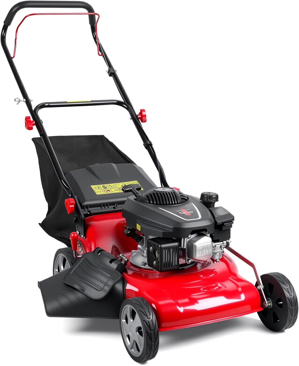 Gas Powered Lawn Mower 131cc, Self-Propelled with Heavy-Duty Brush Cutter, 50L Grass Bag, Ideal for Thick Grass, Slopes, and Tough Terrain Red