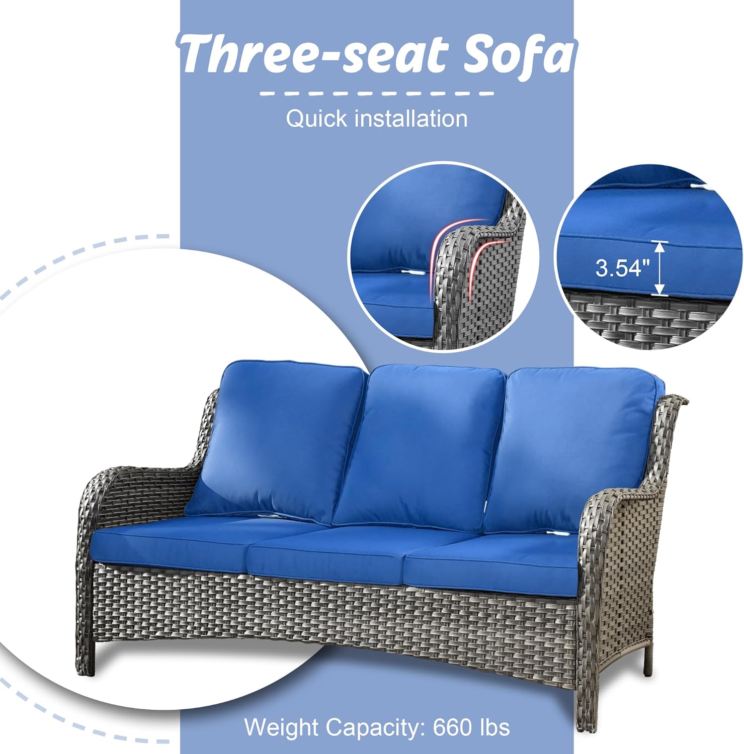 HOOOWOOO Patio Outdoor Furniture with Fire Pit Table,High Back 6 Piece Wicker Patio Conversation Set with Swivel Chairs,7 Person Couch Sofa Seating,Denim Blue