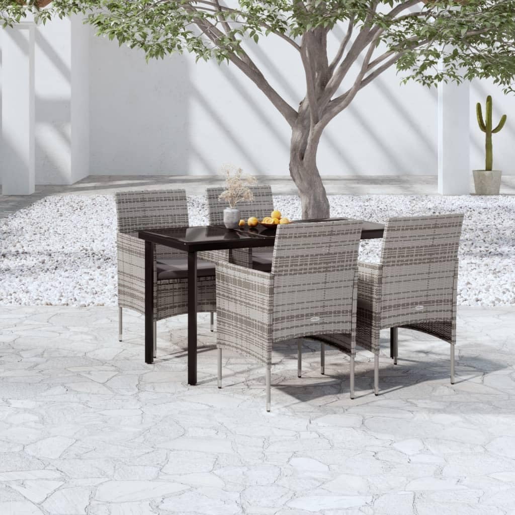 5-Piece Outdoor Dining Set, Grey PE Rattan & Powder-Coated Steel, Patio Furniture Set with Cushions, 27.6x55.1x29.1 in. Rectangular Table for Balcony Garden