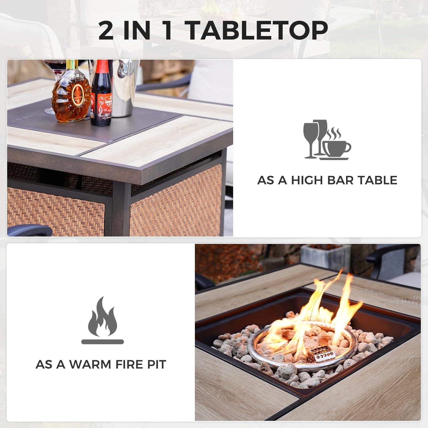 Grand patio 5-Piece Patio Swivel Bar Set with Fire Pit Table 60,000 BTU Heat Output, Outdoor Counter Height Patio Bar Stools Set of 5, High Bar Chairs with High Back, Coffee