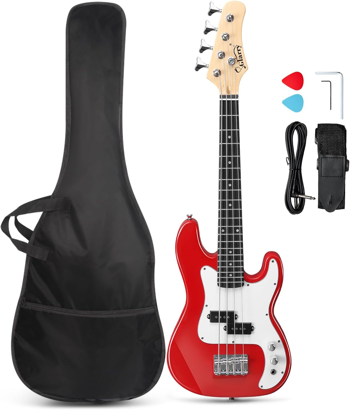 GLARRY 36in Electric Bass Guitar, 4 String Beginner Starter Kit with Accessories including Cable, Strap, Bag for Adults (Red)