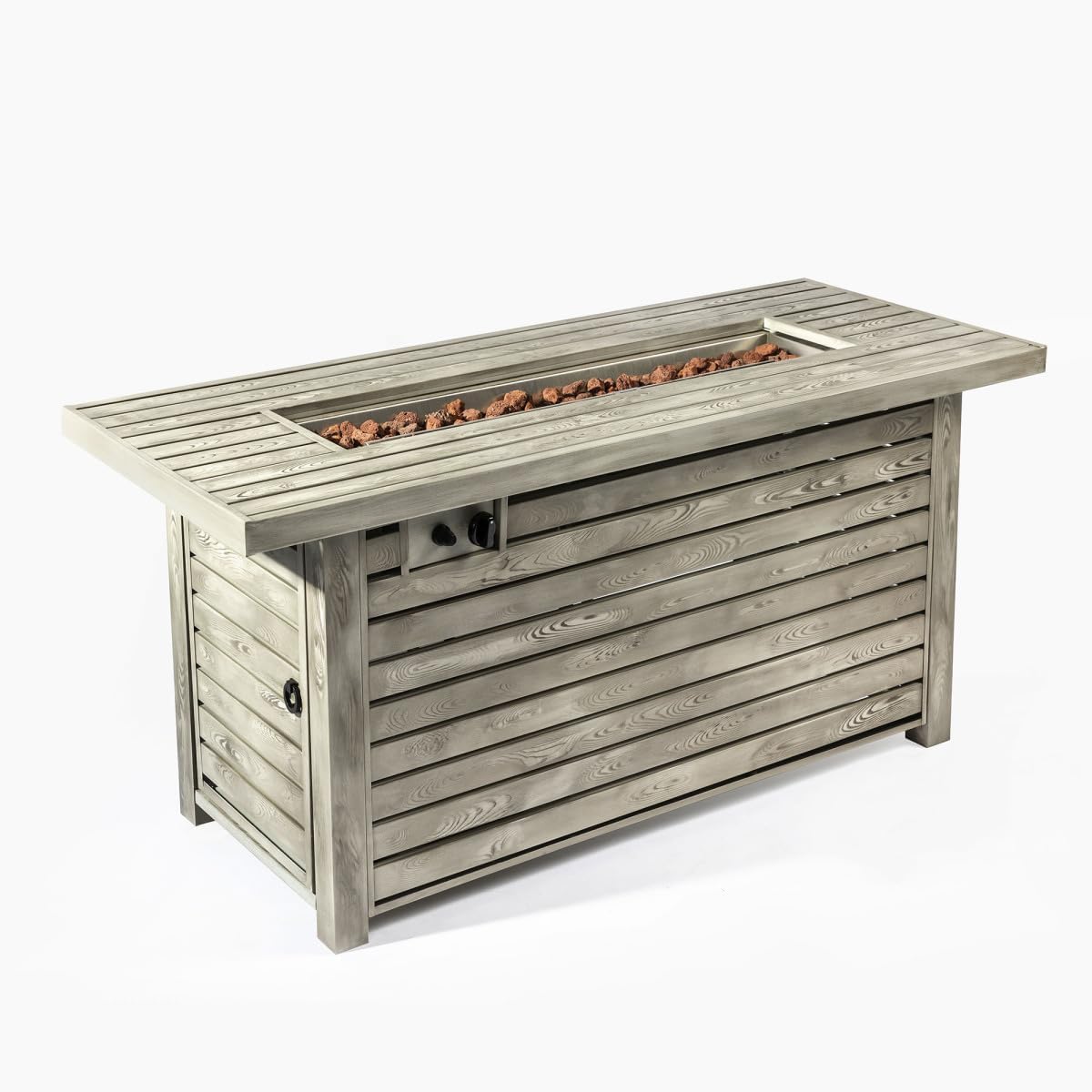 54-inch Rectangular Propane Fire Pit Table, 50,000 BTU Steel Outdoor Gas Fire Pit with Wood Grain Finish & Lava Rocks for Patio, Deck, Garden - Light Beige