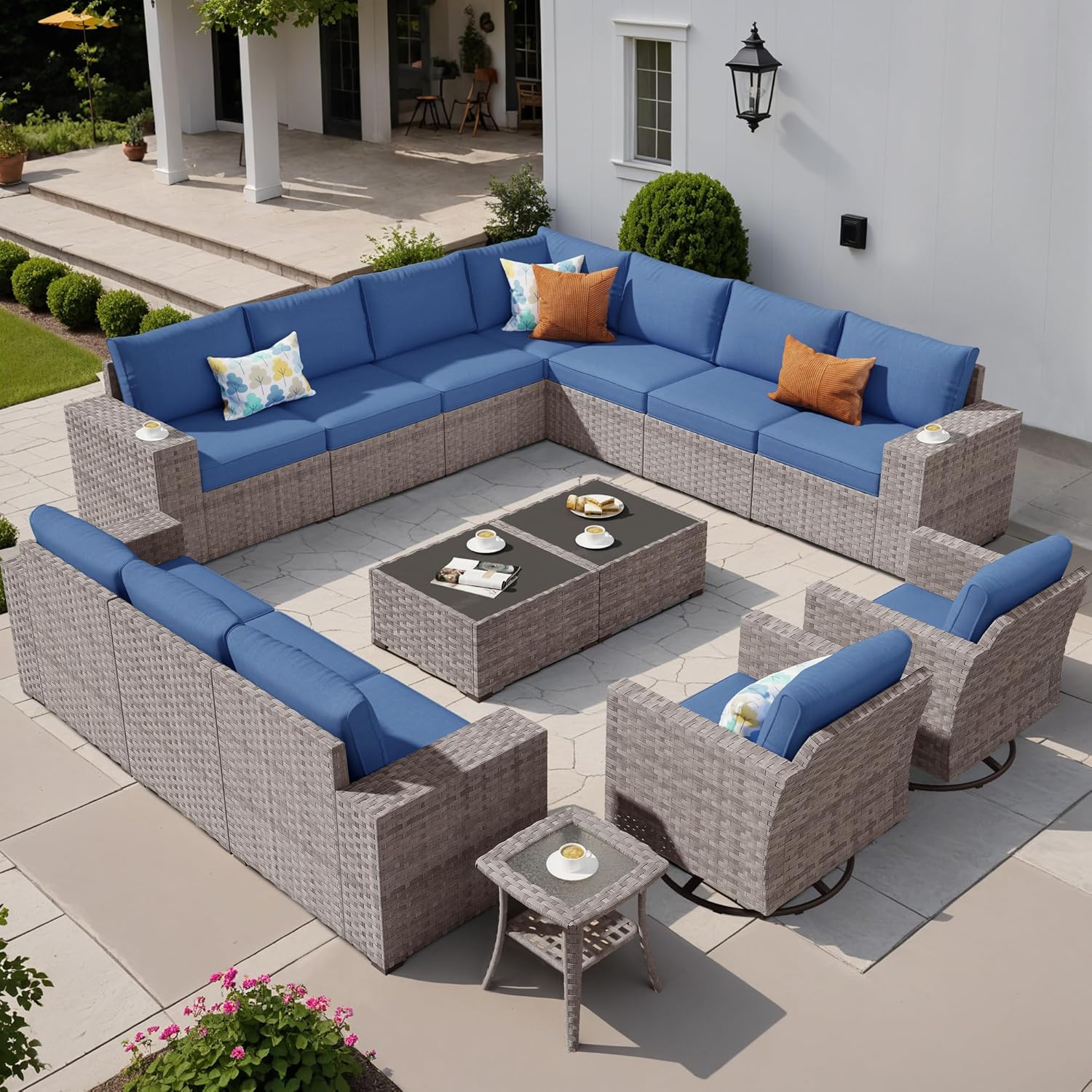 15 Pieces Widen Armrest Patio Coversation Set with Swivel Rocking Chair, Outdoor Furniture Modular Couch with Coffee Table, Rattan Wicker Sectional Sofa for Porch Balcony Backyard, Beige