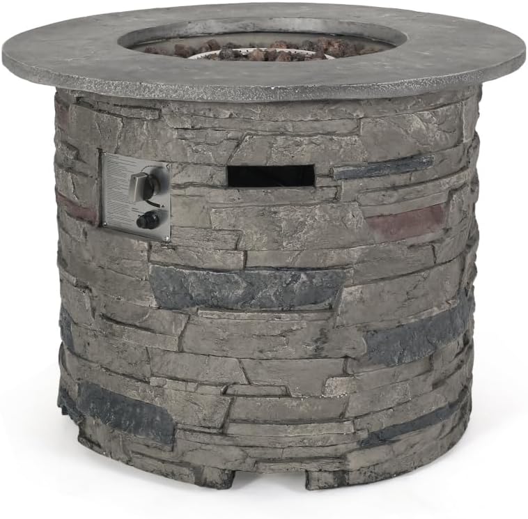 40000BTU Outdoor Propane Fire Pit Table– 31″ Round Weather‑Resistant Concrete Look Fire Table with Lava Rocks, Covered Tank Storage & Push‑Button Ignition for Patio Backyard Gatherings