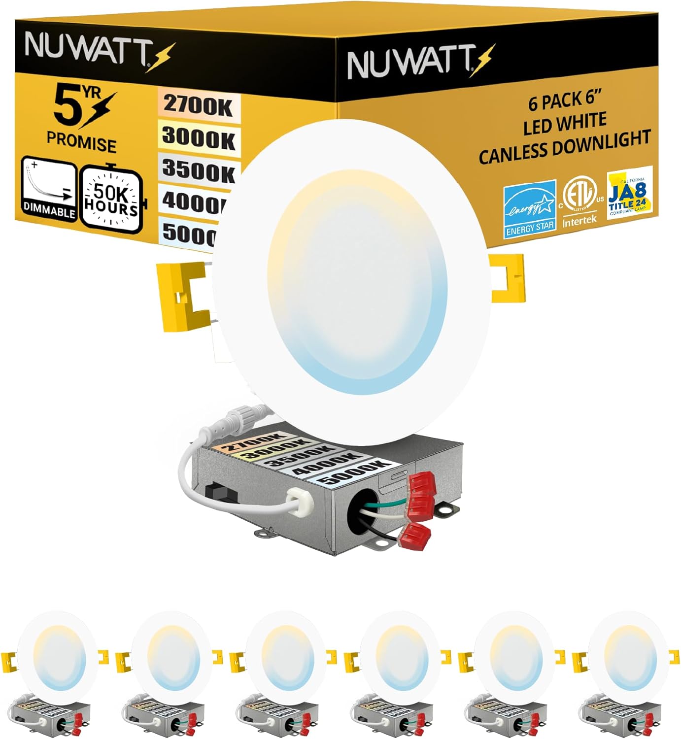 NUWATT 6 Pack, 6 Inch Ultra-Thin LED Recessed Lighting, CCT 2700K/3000K/3500K/4000K/5000K Selectable, 1050LM, 15W, Dimmable, IC Rated, Wet Rated, White Trim Canless Slim Wafer Light with Junction Box
