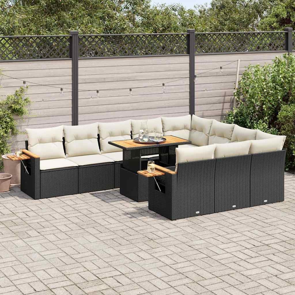 11-Piece Garden Sofa Set Black, Cream White, Adjustable Armrests, Poly Rattan & Acacia Wood, Outdoor Table and Chairs, Patio Furniture