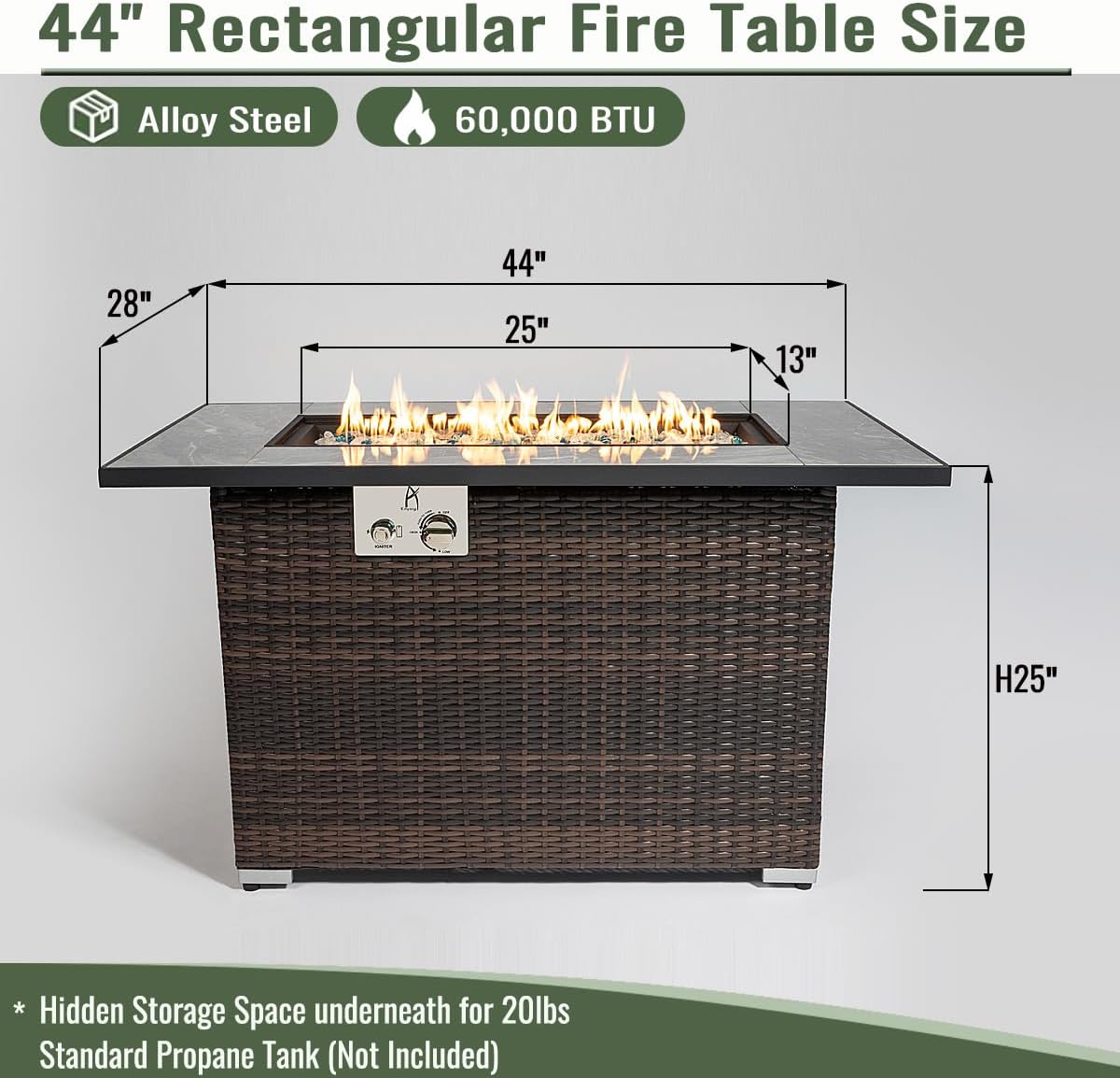 44-inch Propane Fire Pit Table, 60,000 BTU, Convertible Outdoor Table with Wicker Base, Stainless Steel Burner, Brown