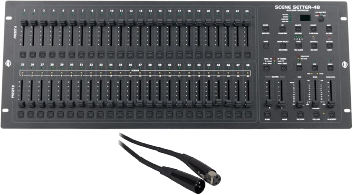 American DJ Lighting Control Bundle with SCENE-SETTER 48 DMX Dimming Console 48-Channel Scenes and Chases, Music Sync, Midi, Fog Trigger Input, Rockville RDX3M25 25 ft OFC DMX Cable (2 Items)