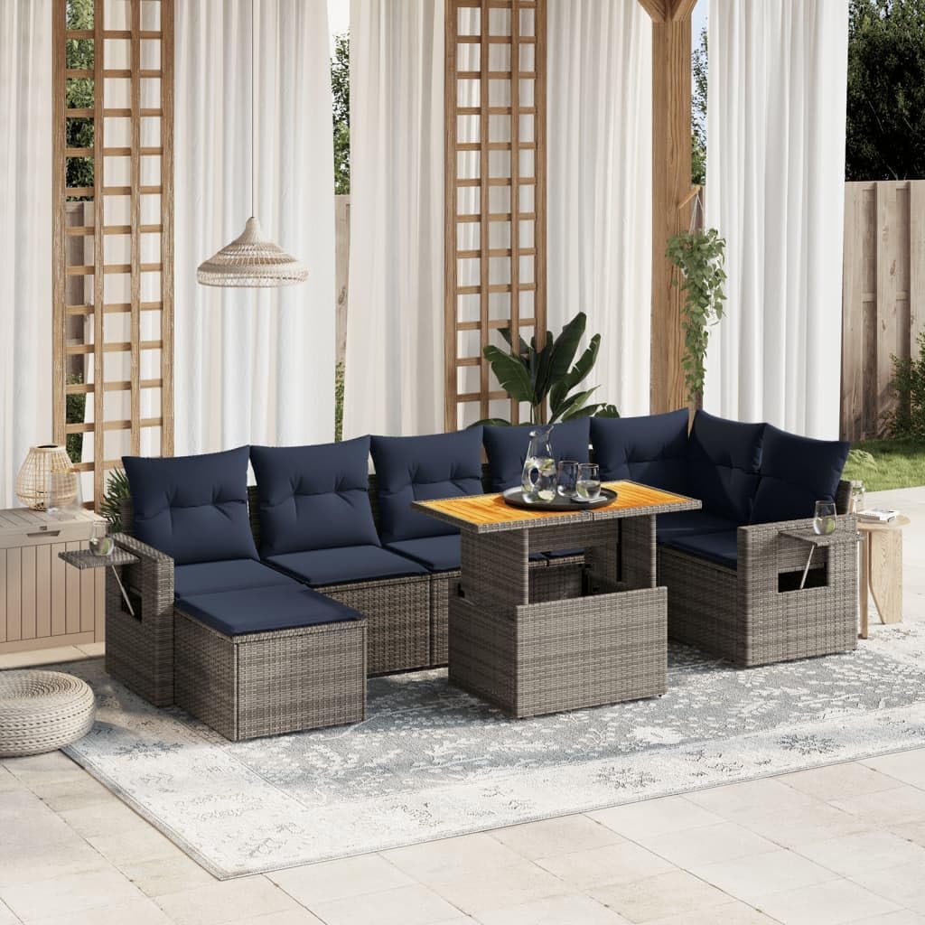 8 Piece Gray Poly Rattan Patio Sofa Set, Outdoor Sectional Furniture with Cushions, Adjustable Dining Table, UV-Proof for Garden Balcony