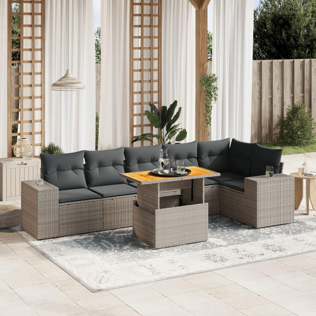 7-Piece Garden Sofa Set, Grey Synthetic Poly Rattan Outdoor Patio Furniture with Adjustable Table, Comfortable Cushions for Balcony, Terrace
