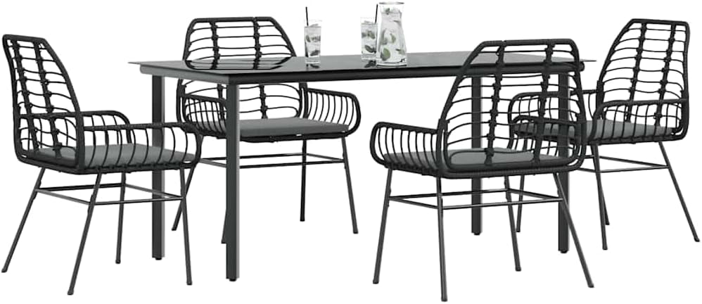Black Poly Rattan Garden Dining Set, 63 in Tempered Glass Top Outdoor Table and Chairs, Patio Furniture Set for 4 People