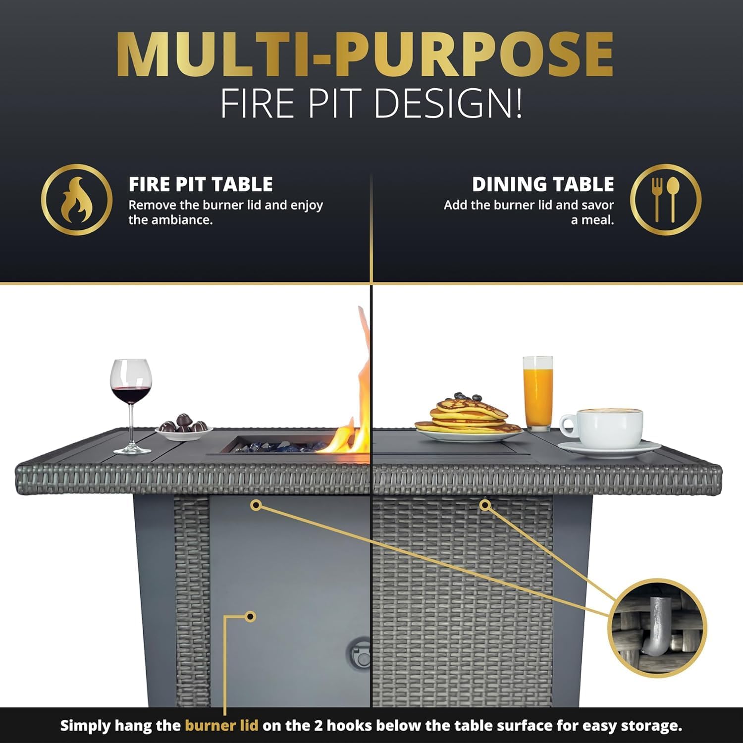 Ethan Rattan 5-Piece Patio Furniture Set with Fire Pit Table, 42-Inch Fire Outdoor Propane Pit Dining Table Conversation Set, 50,000 BTU, Includes 4 Sofa Swivel Chairs (Grey Grey)