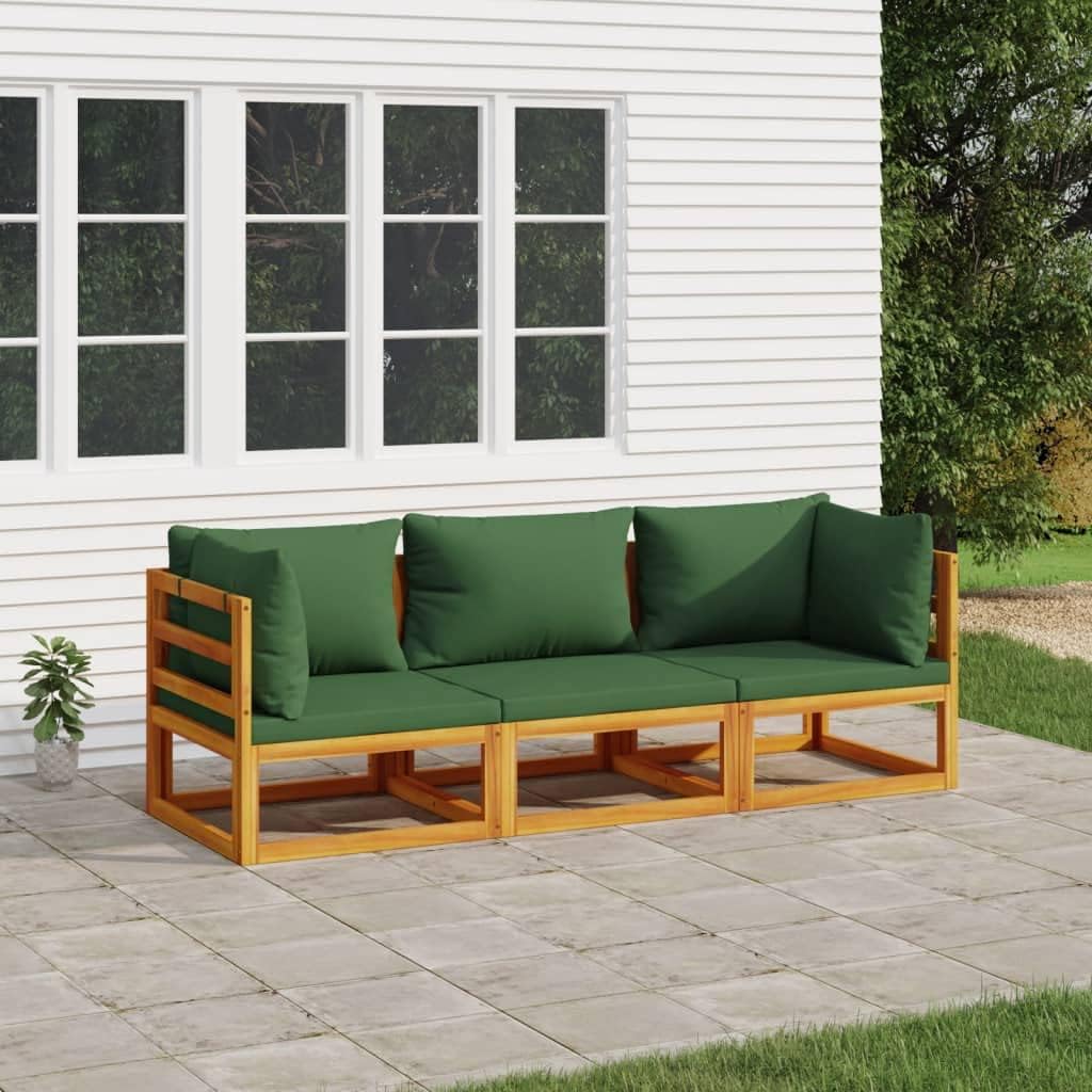 3 Piece Garden Lounge Set, Solid Acacia Wood, Green Cushions, Oiled Finish, Outdoor Patio Furniture, Balcony Dining