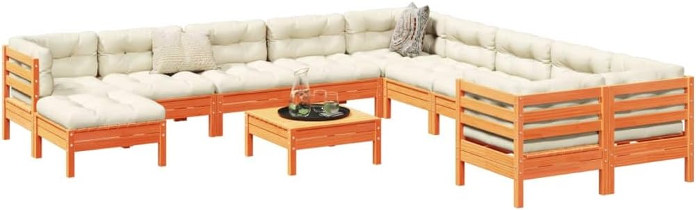 12 Piece Patio Sofa Set with Cushions Wax Brown Solid Wood Pine, Patio Furniture Sets, Outdoor Furniture