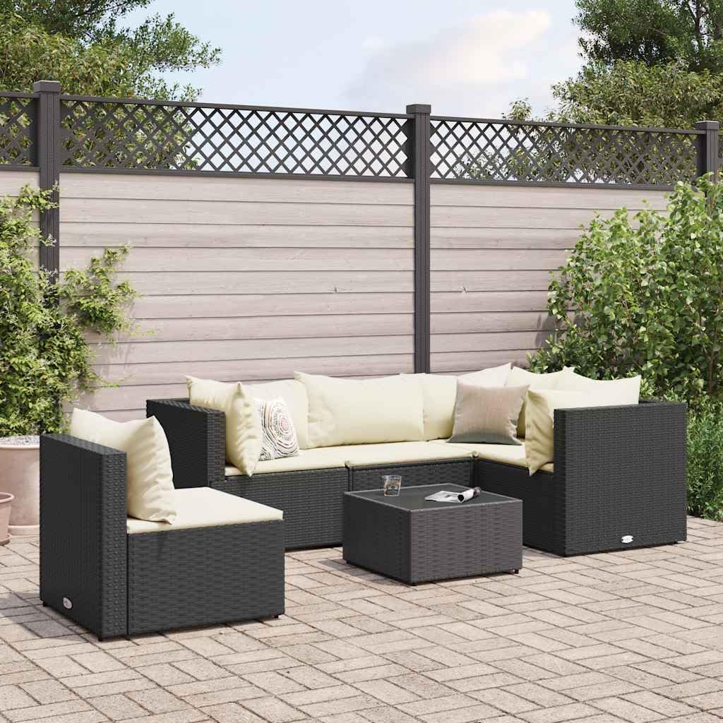 6-Piece Patio Lounge Set, Black & Cream White, Modular Poly Rattan Outdoor Furniture, Weather-Resistant Cushions, Garden & Balcony Seating for 6 Adults