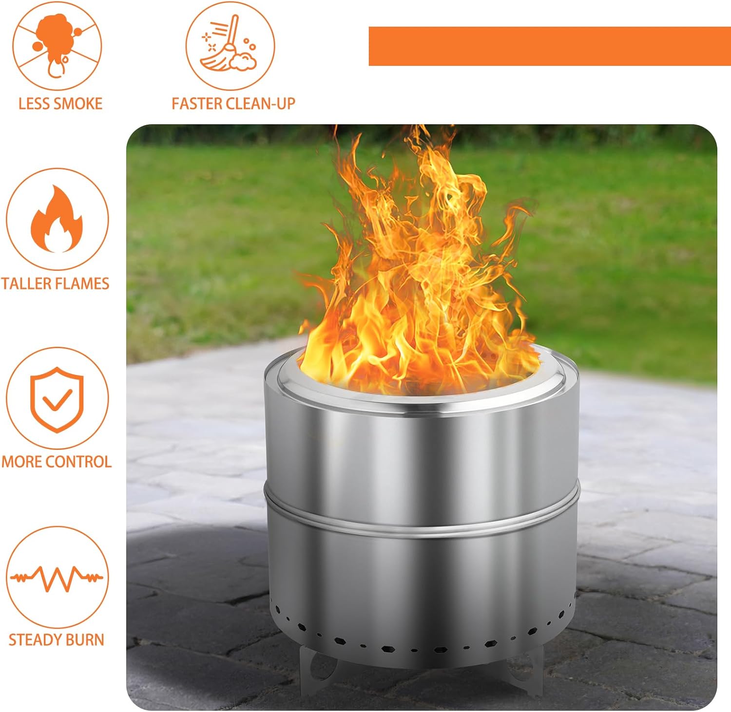 19.3inch Large Stainless Steel Smokeless Fire Pit with Grill & Carry Bag, Outdoor Portable Smokeless Firepit, Wood Burning Fire Pits for Outside Patio Camping, Bonfire (19.3 * 19.3 * 19.3in,Silver)