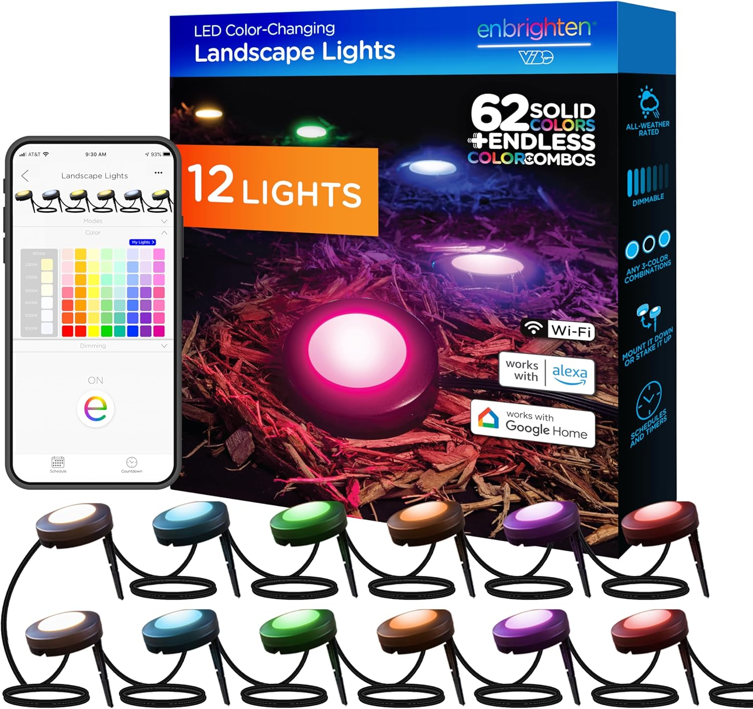 Enbrighten Vibe Landscape Lights, 12 Pathway Lights, 110ft Cord with 22ft Lead Wire, Smart Outdoor Lights, Landscape Path Lights, Landscape Lighting, Works with Alexa, Google Home, 58105