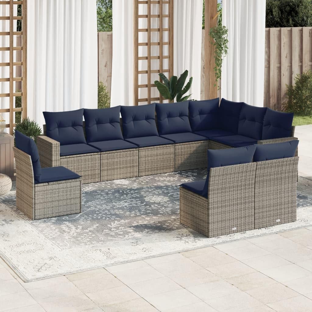 10 Piece Patio Sofa Set, Gray Poly Rattan Outdoor Sectional Furniture with Navy Cushions, Modular Design for Backyard, Terrace, Balcony