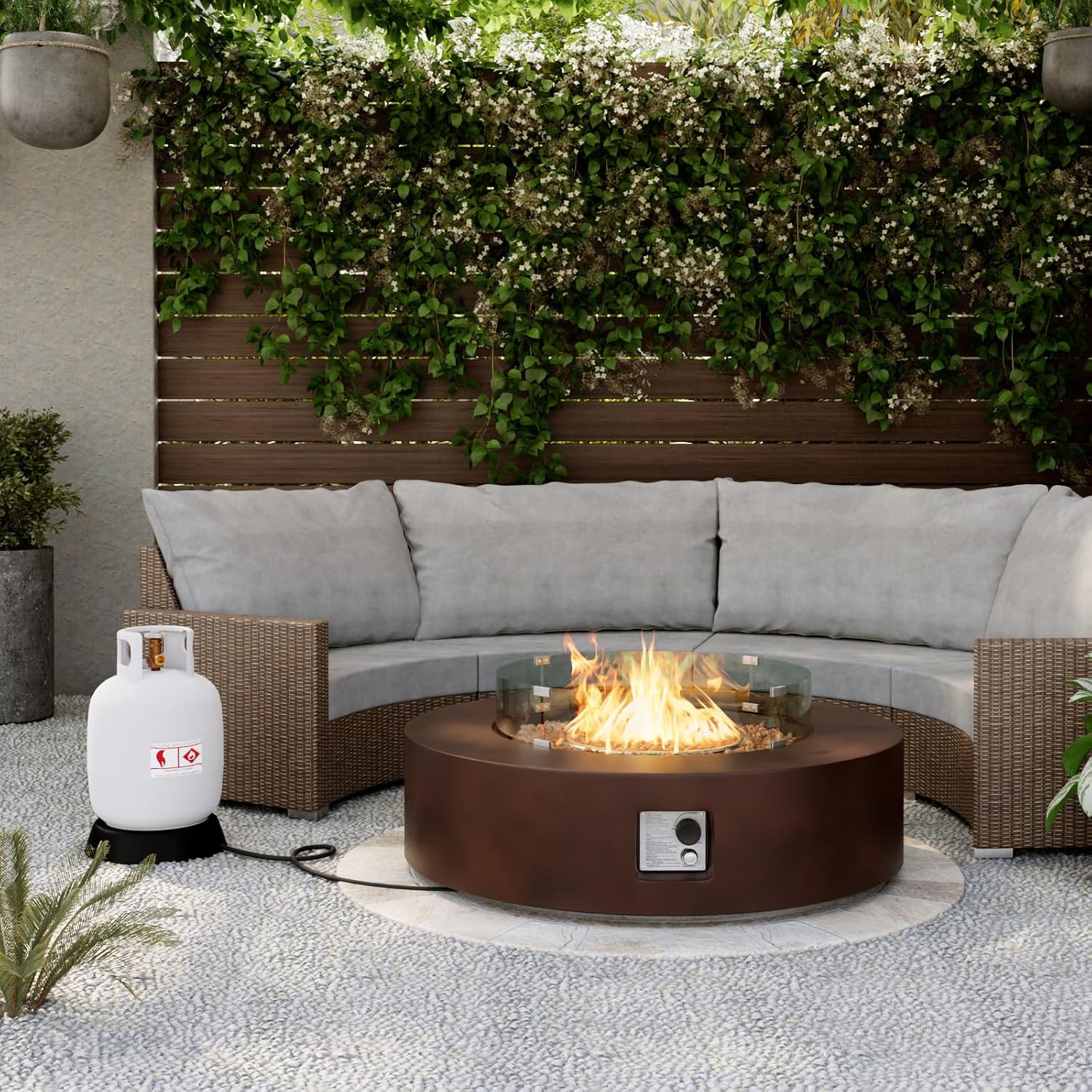 SUNBURY 42Inch Outdoor Propane Fire Pit,CSA Certified,Round Dark Brown Patio Fire Table Concrete Burner Firepits 50,000 BTU w Lava Rocks, Glass Wind Guard, Waterproof Cover