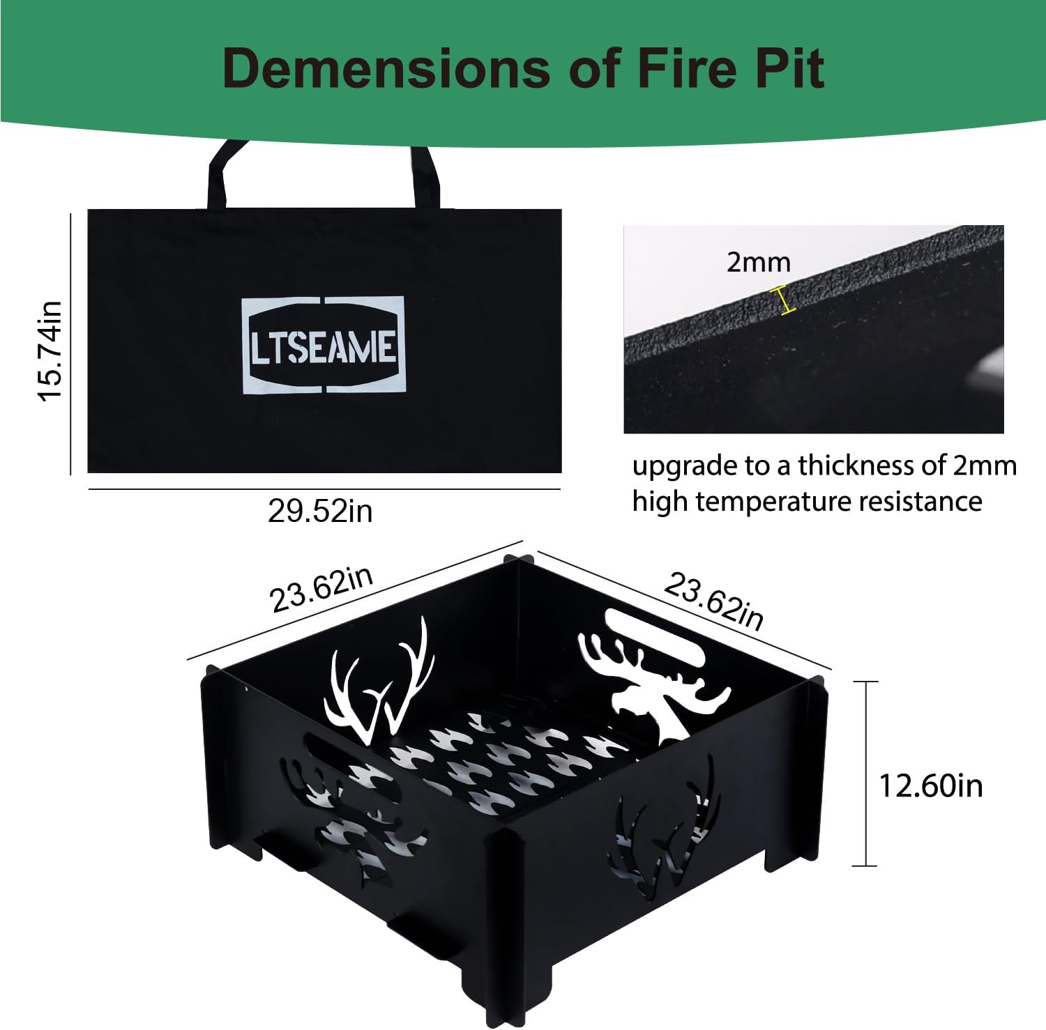 24 inch Portable Square Fire Pit Outdoor Foldable Plug Fire Pit Suitable for Camping, Picnic, Backyard, Garden Bonfires and Outdoor Wood Burning with Storage Bag