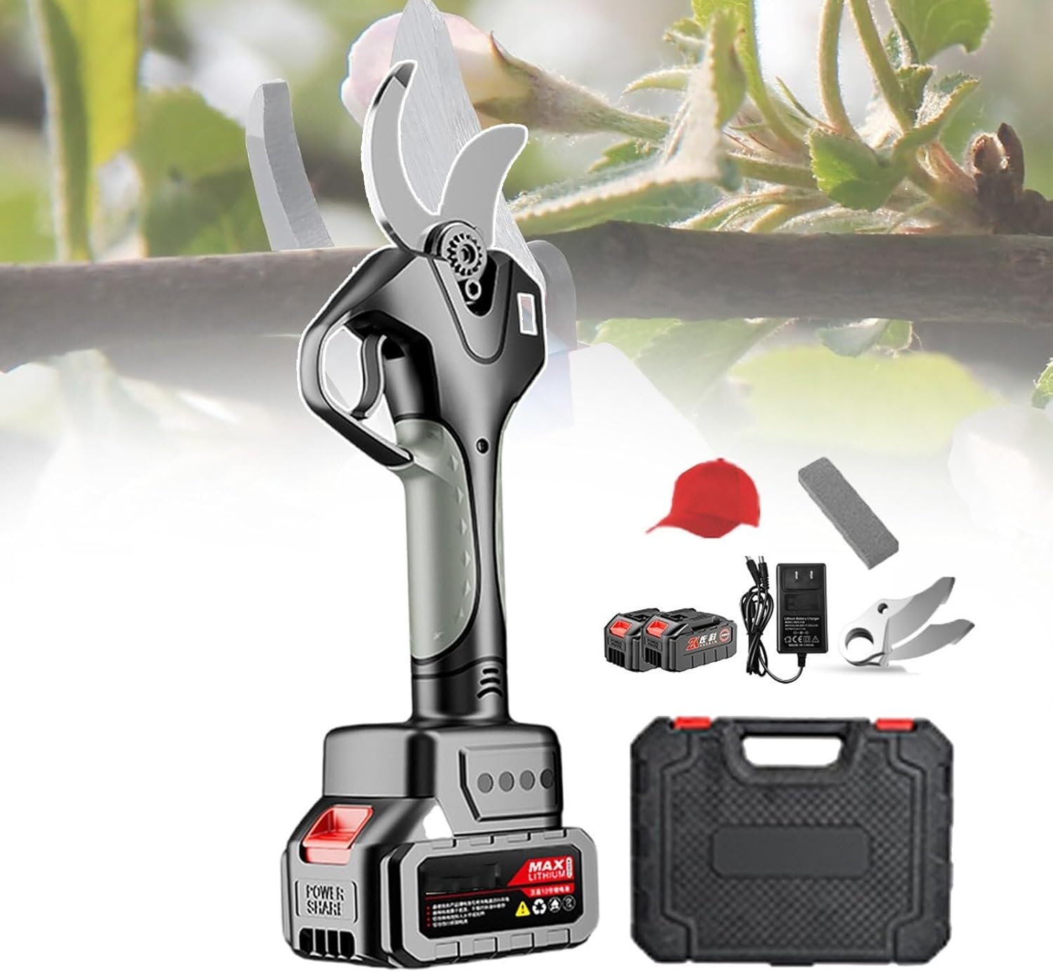 Electric Pruning Shears, Battery-Powered Secateurs with Telescopic Pole, High Carbon Steel Blades, LCD Display, for Garden, Tree, and Plant Trimming