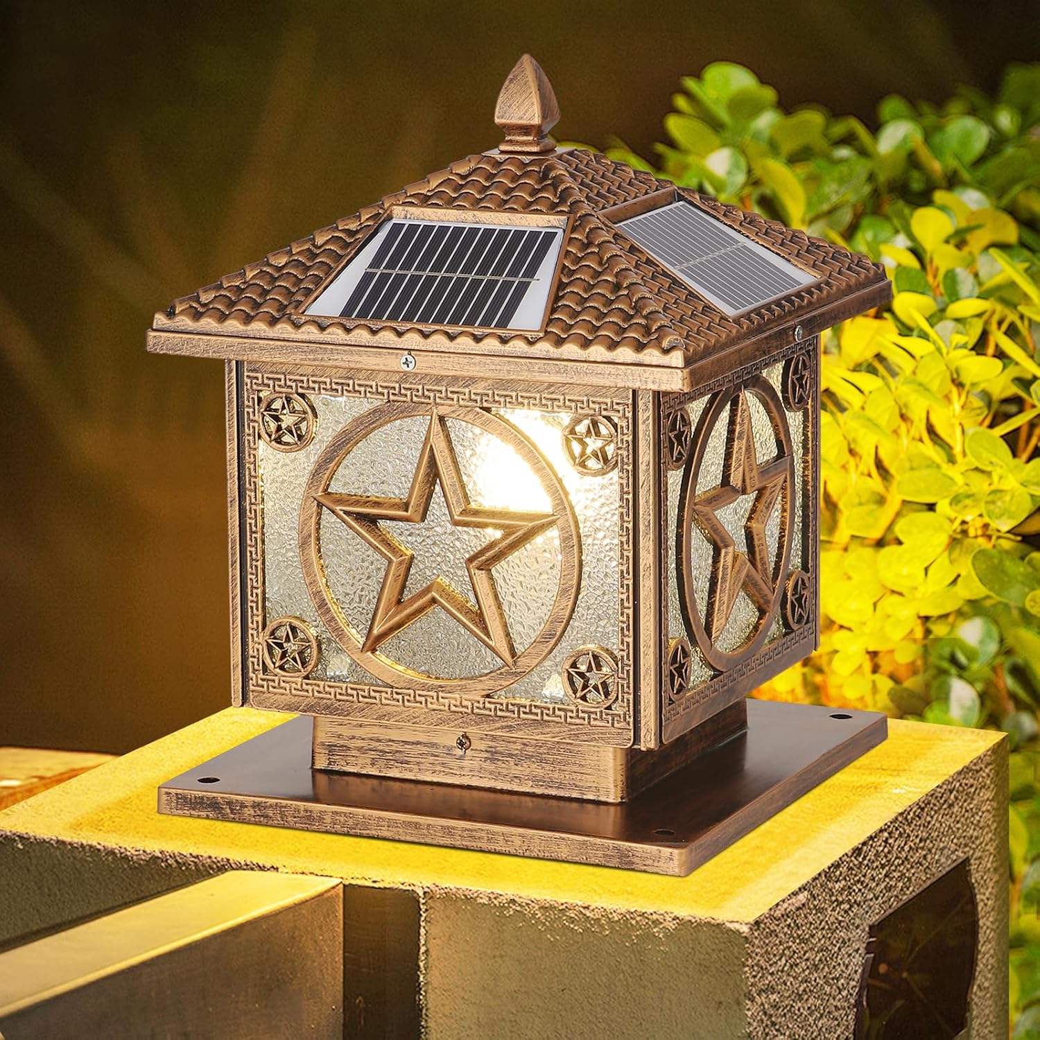 SLAWA Outdoor Solar Post Cap Light 9.8In Bronze Column Lights Square Waterproof Landscape Lighting with Remote Pillar Lamps Fence Deck Cap Light Solar Power Lantern Porch Mailbox Lawn Porch Fixture