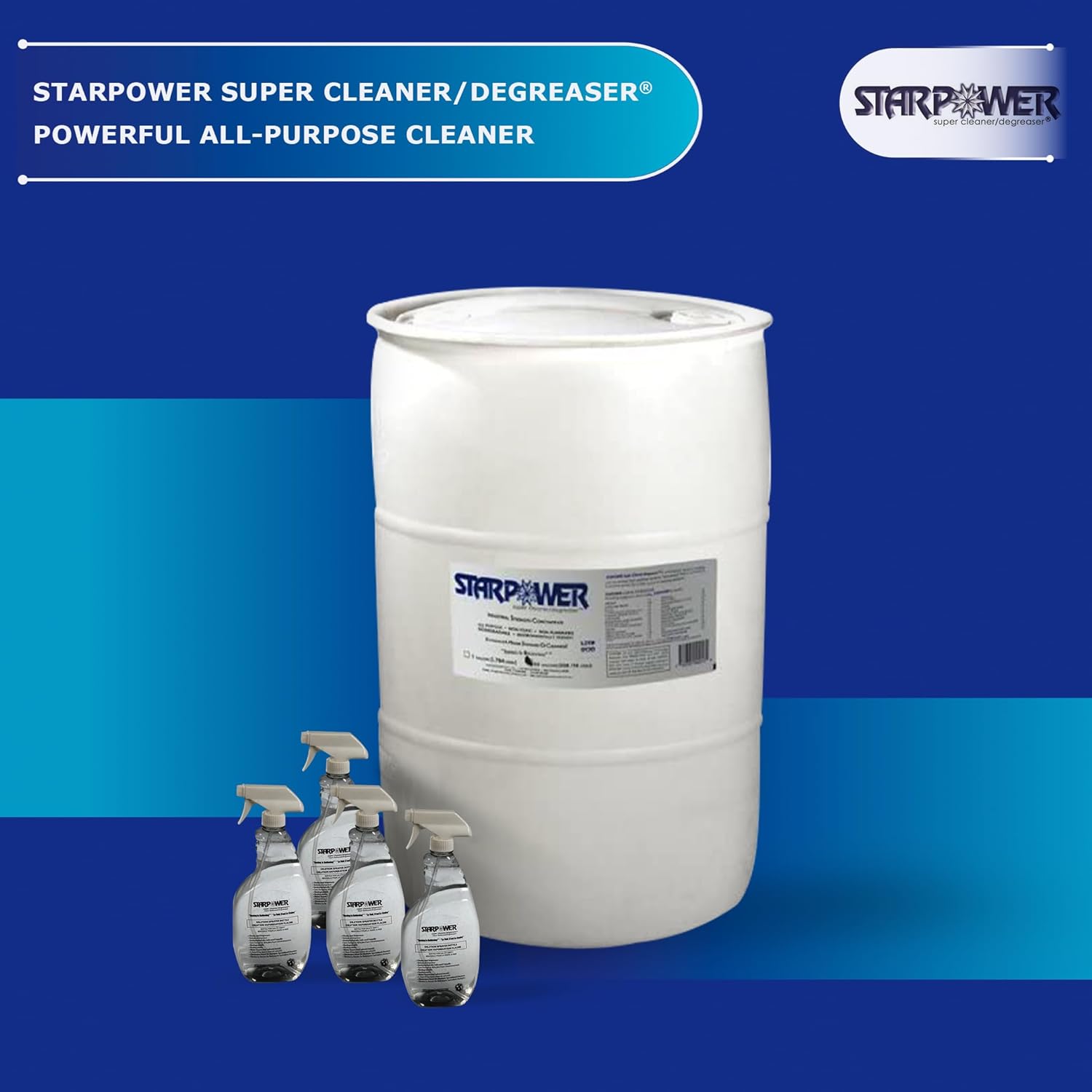 STARDUST Spill Products Starpower D355SP Industrial Degreaser, All Purpose Cleaner 55 Gallon Drum, Includes Empty 32-Ounce Labeled Sprayers for Easy Dilution, Efficient, Safe, Versatile - 4 Case