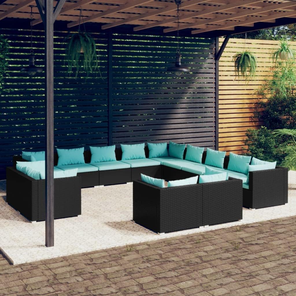 13 Piece Patio Lounge Set with Cushions Black Poly Rattan, Patio Furniture Sets, Outdoor Furniture