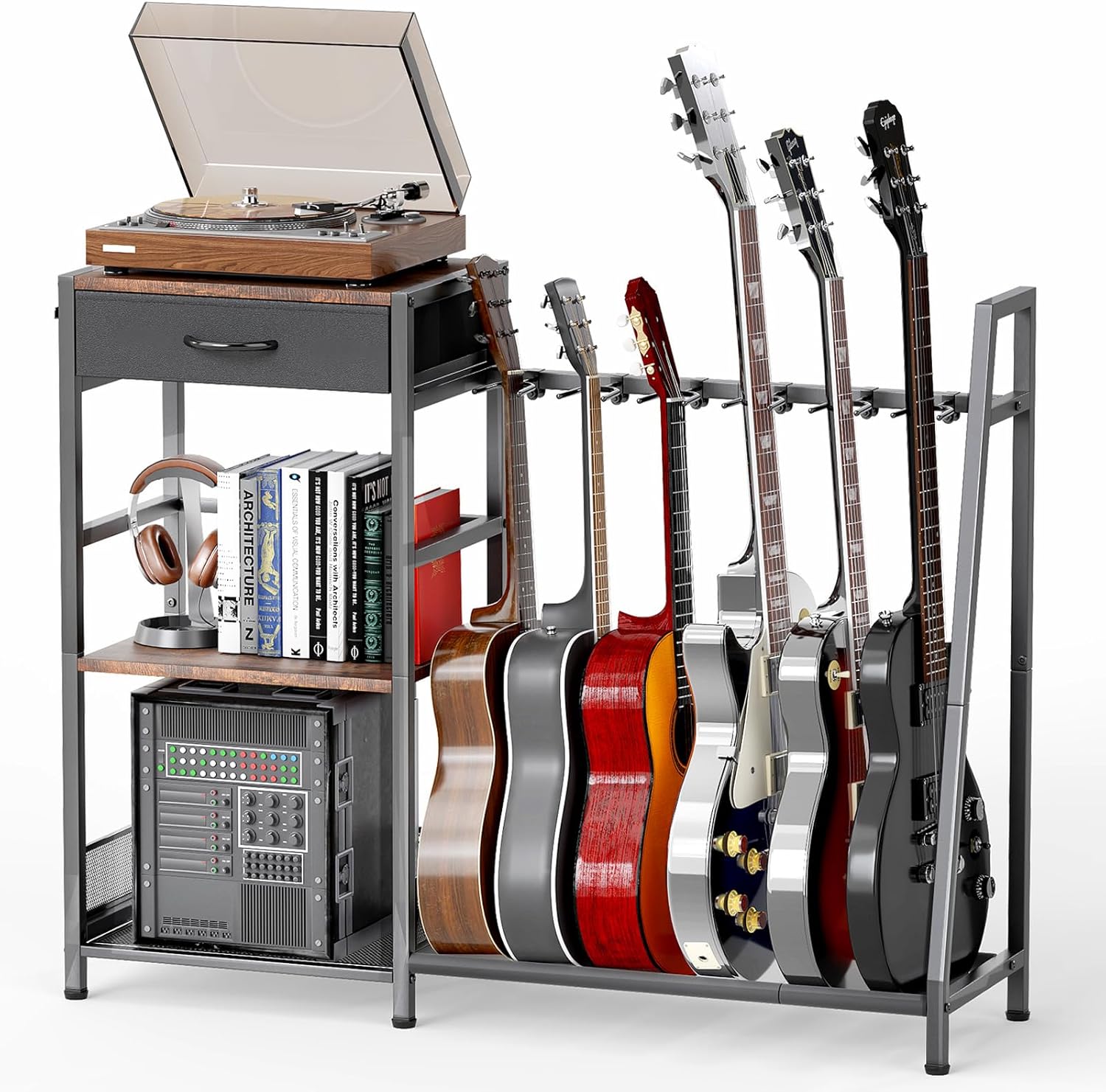 Guitar & Record Stand for 6 Guitars, 3-Tier Adjustable Floor Rack with Soft Pads and Cloth Drawer, Display Storage for Acoustic Electric Bass, Amp, Vinyl Albums