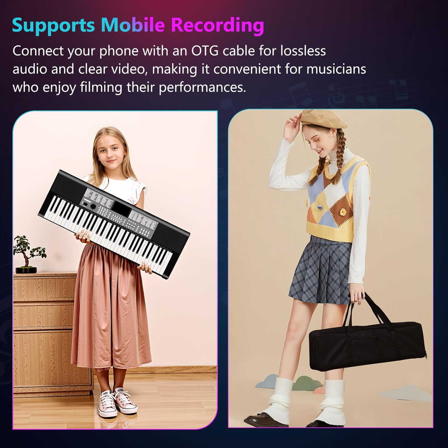 TERENCE Keyboard Piano 61 Keys Dual HiFi Speakers Digital Piano with 51 Panel Function Buttons LED Display Dual Keyboard 2 Power Options Electric Piano Support for Headset and Microphone