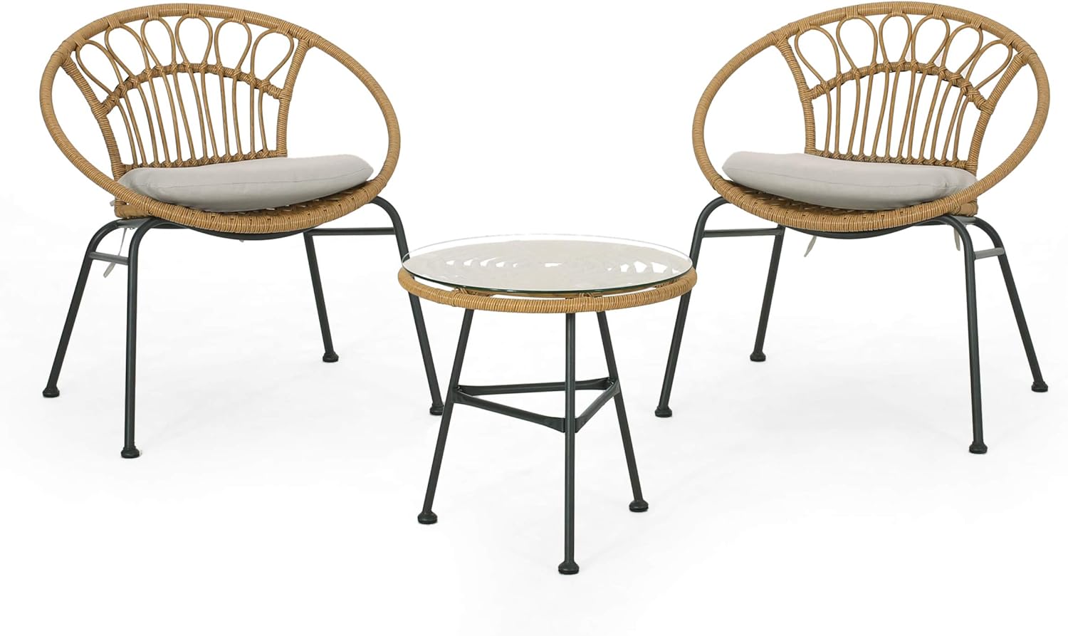 Christopher Knight Home Grace Outdoor 3 Piece Wicker Chat Set, Light Brown, Beige, and Black