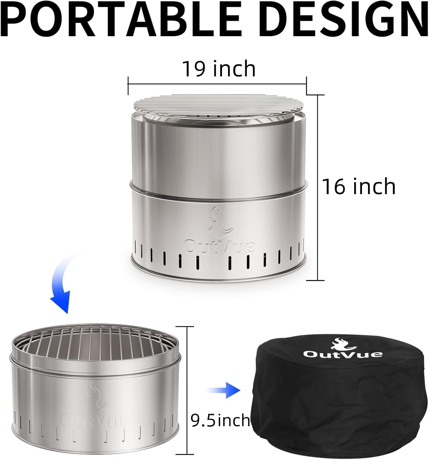 19 inch Stainless Steel Smokeless Fire Pit with Grill, Outdoor Smokeless Firepit, Wood Burning Fire Pits for Camping, Bonfire, Low Smoke Firepit for Outside (Vertical Hole)