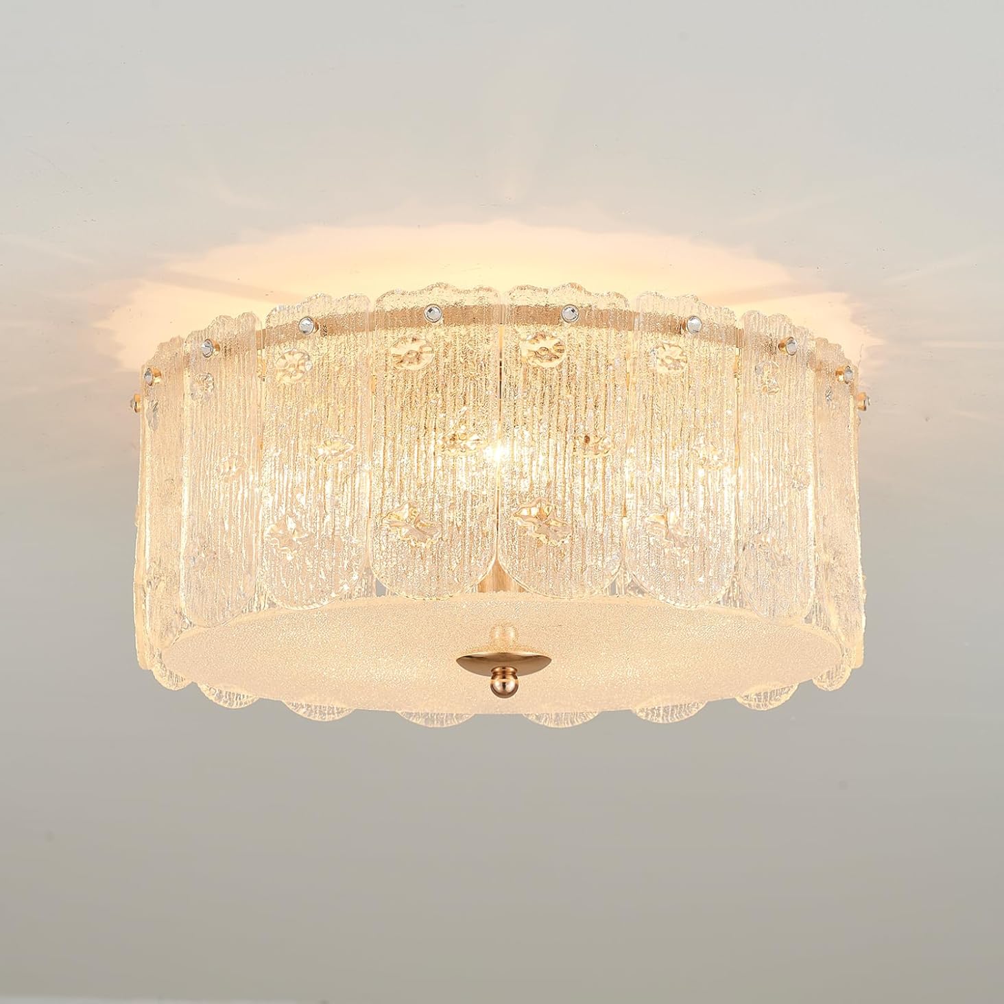 15” Textured Glass Semi Flush Mount Ceiling Light Classic Crystal Brass Chandelier Modern Luxury Ceiling Lighting Fixtures for Kitchen Bedroom Living Dining Room, UL Listed
