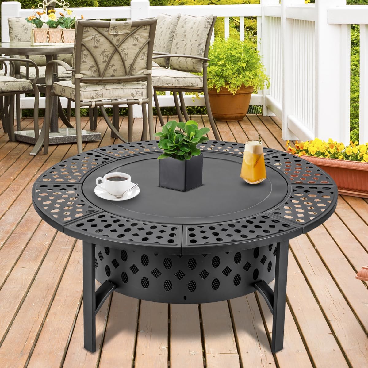 36 Inch Fire Pit with 2 Grills, Wood Burning Fire Pits for Outside with Lid, Poker and Round Waterproof Cover, BBQ& Outdoor Firepit & Round Metal Table 3 in 1 for Patio, Picnic, Party (BLACK 42 inch)