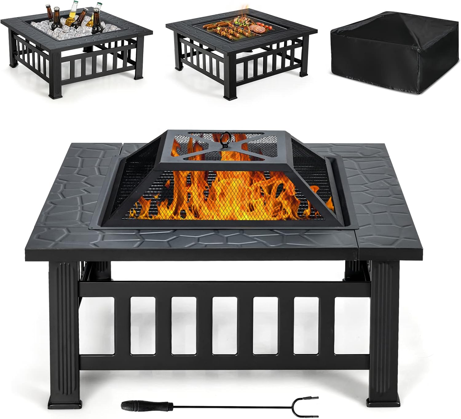 Tangkula 3 in 1 Outdoor Fire Pit, 32 Inch Square Steel Fireplace with Spark Screen, Log Grate, BBQ Grill, Poker, Rain Cover, Wood Burning Fire Pit Stove for Camping, Outdoor Heating, Bonfire