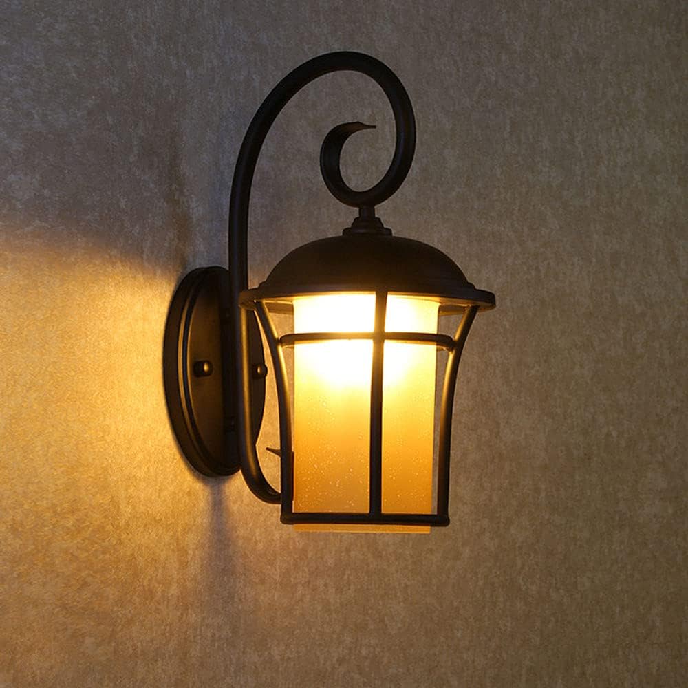 American Country Retro Industry Wall Lantern Black Frosted Iron Lamp Body Wall Sconce Yellow Glass Lampshade is Waterproof Wall Light Fixtures Outdoor Courtyard Lighting Decoration