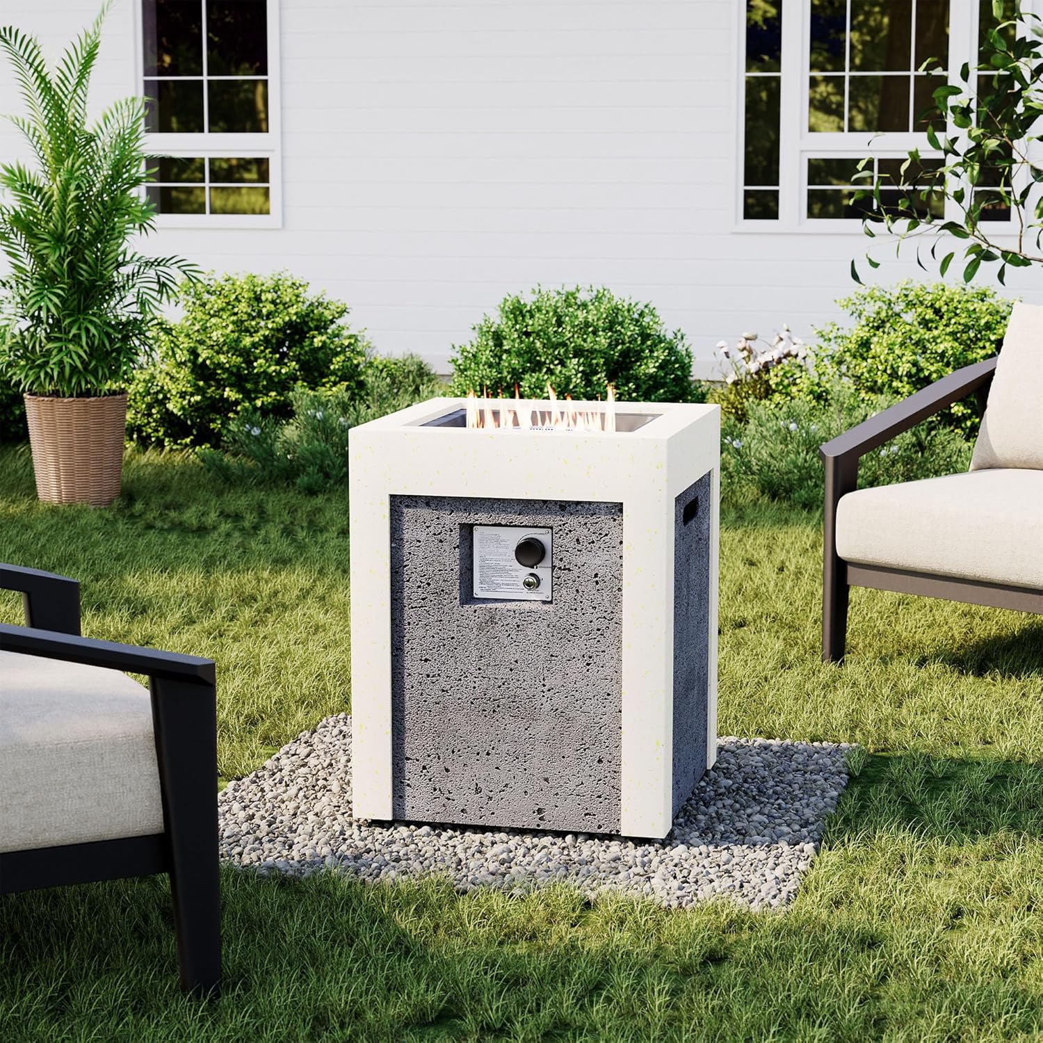 COSIEST Outdoor Propane Fire Pit Table w Compact Ledgestone 19-inch Square Graphite Base with Waterproof Cover, Certified, 40,000 BTU, Free Lava Rocks, Touch-up Pen, Fits 20lb (Grey&White)