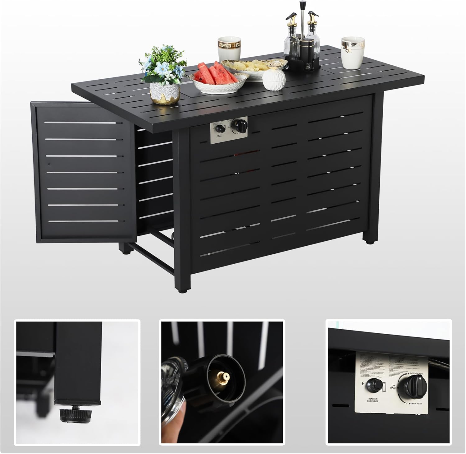 43 Inch Propane Fire Pits, Fire Pit Table, 50,000 BTU Outdoor Gas Fire Pit Included Glass Wind Guard, Steel Lid and Lava Rocks for Patio Garden, Black