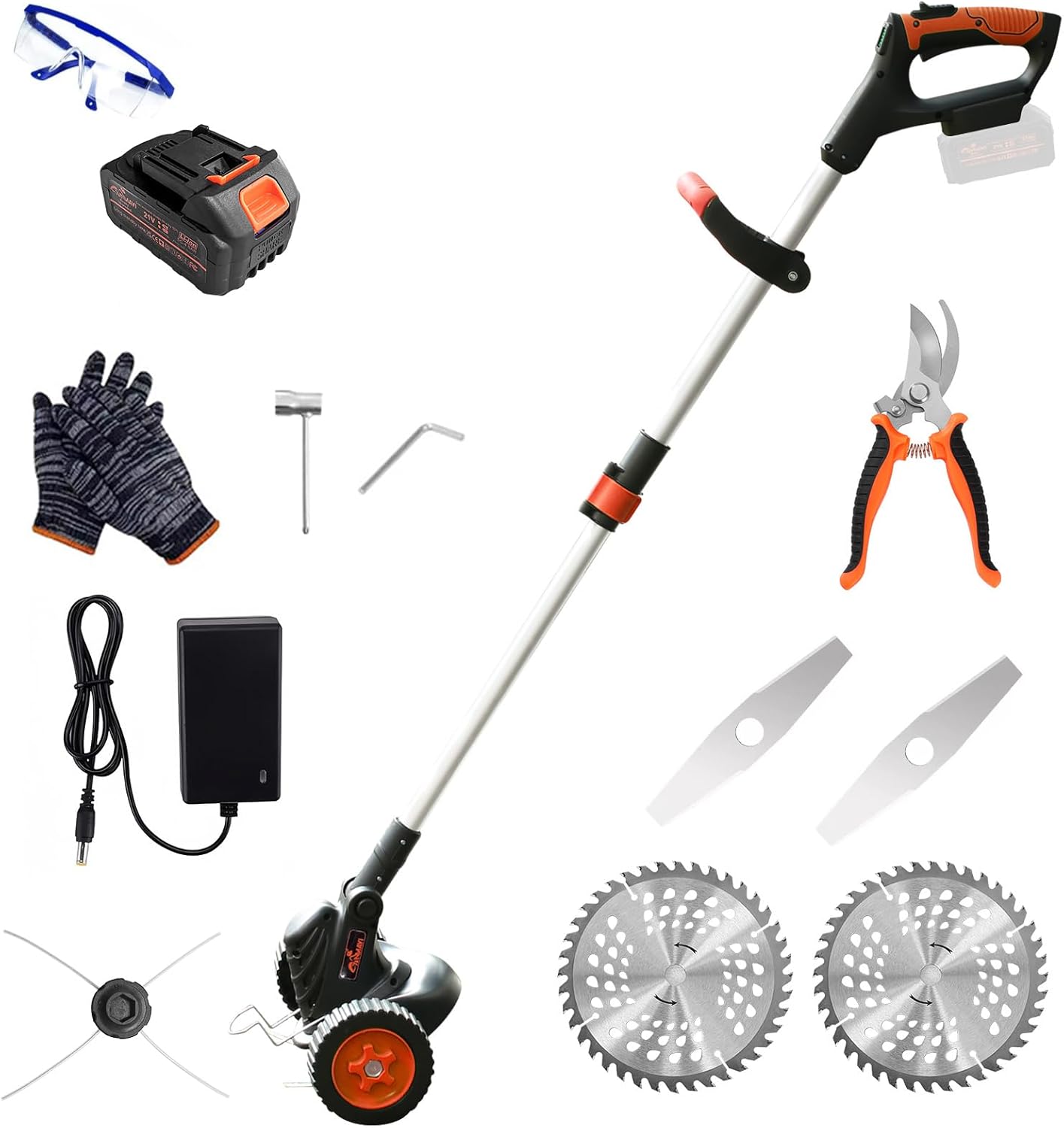 Weed Wacker Eater Cordless Battery Powered Electric Edger Lawn Tool Trimmer String Cordless Whacker Operated Grass Edger Cutter Black-Orange*1 Battery
