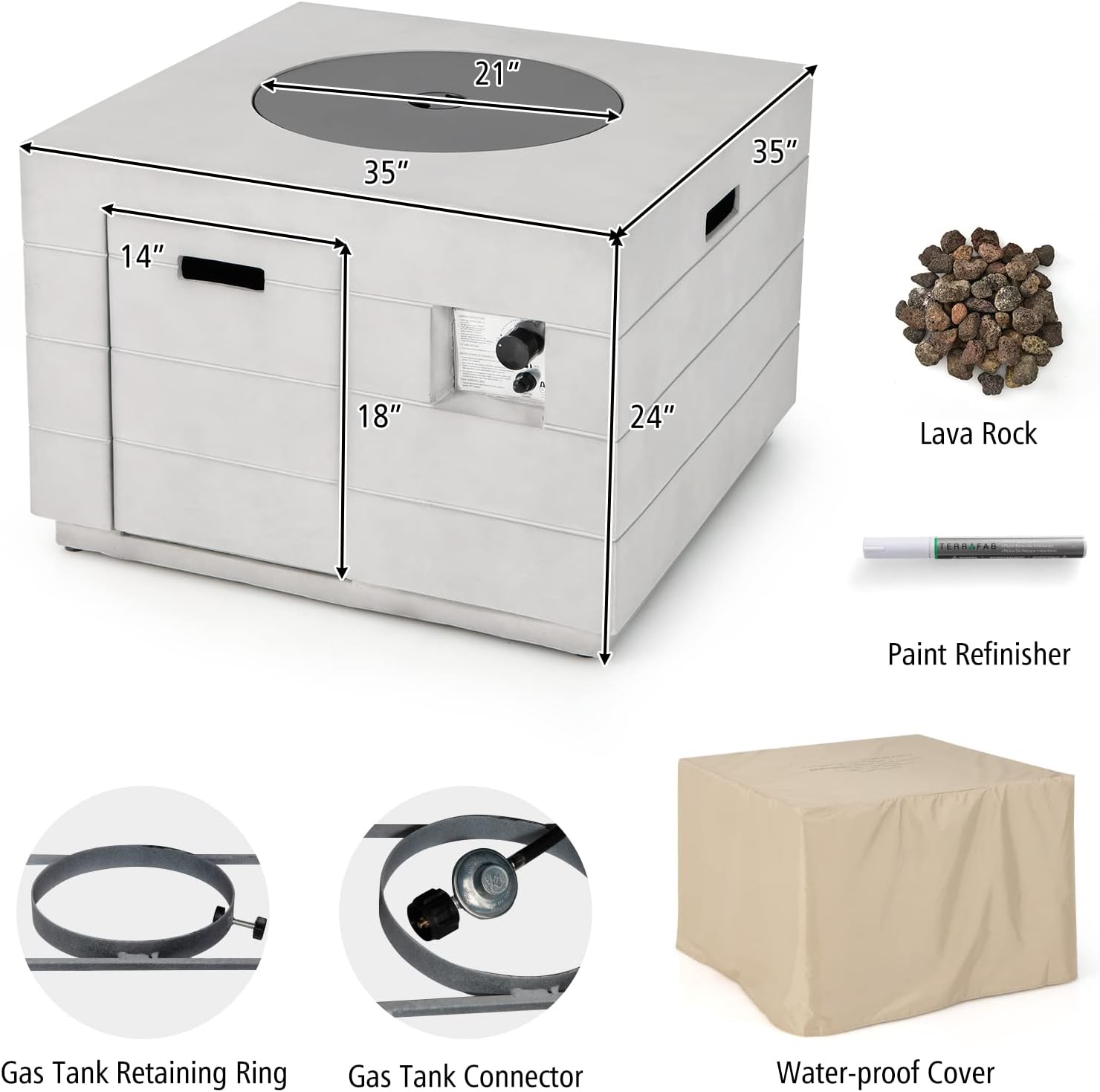 Augester Fire Pit Table, Outdoor Square Propane Fire Table, Staineless Steel Burner, Lava Rocks for Patio Garden