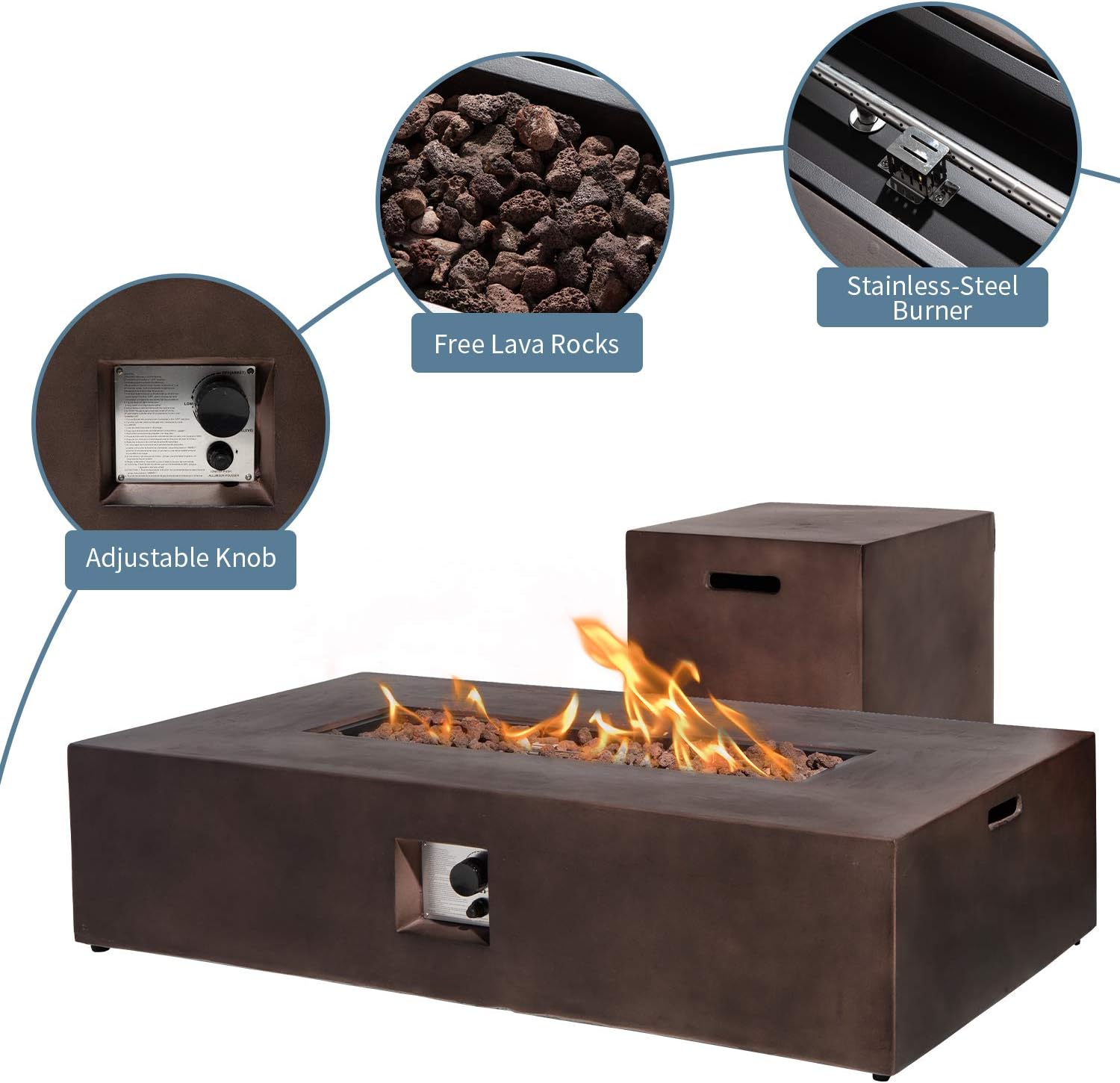 SUNBURY Outdoor Propane Fire Pit, Rectangle Dark Brown Patio Fire Table 50,000 BTU w 20 lbs Tank Cover, Waterproof Cover for Garden, Backyard