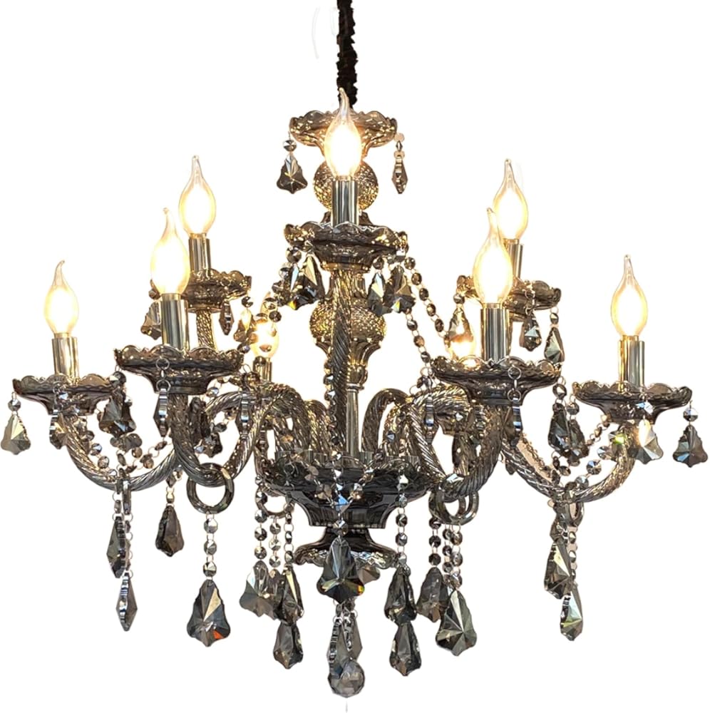 Luxury Crystal Chandelier Smoke Gray,Double Layer K9 Crystal Chandelier Light Fixtures 9-Light Candle Style Crystal Ceiling Light Lamp for Dining Living Room Bedroom