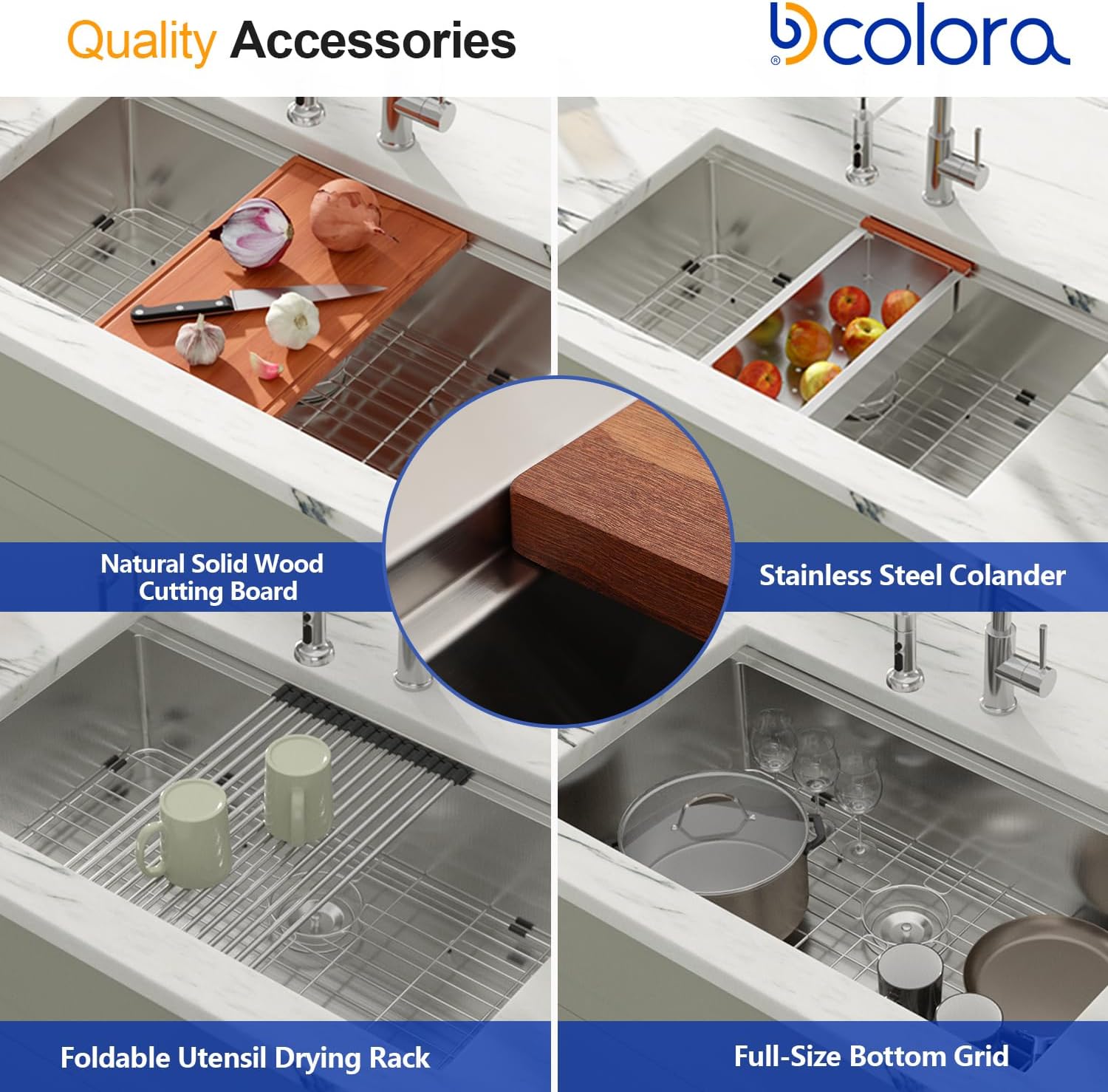 Dcolora 33 in. Undermount Single Bowl Workstation Stainless Steel Kitchen Sink 16 Gauge 304 Handmade Welding with Accessories, Round Corner 33