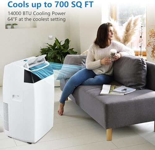 14,000 BTU Portable Air Conditioner - Ultra-Quiet 50dB Cools 750 Sq.Ft In 20 Mins, 3-In-1 Cooling/Dehumidifier/Fan with Remote, 24H Timer & Self-Evaporative Window Kit for Bedroom/Living Room/Office