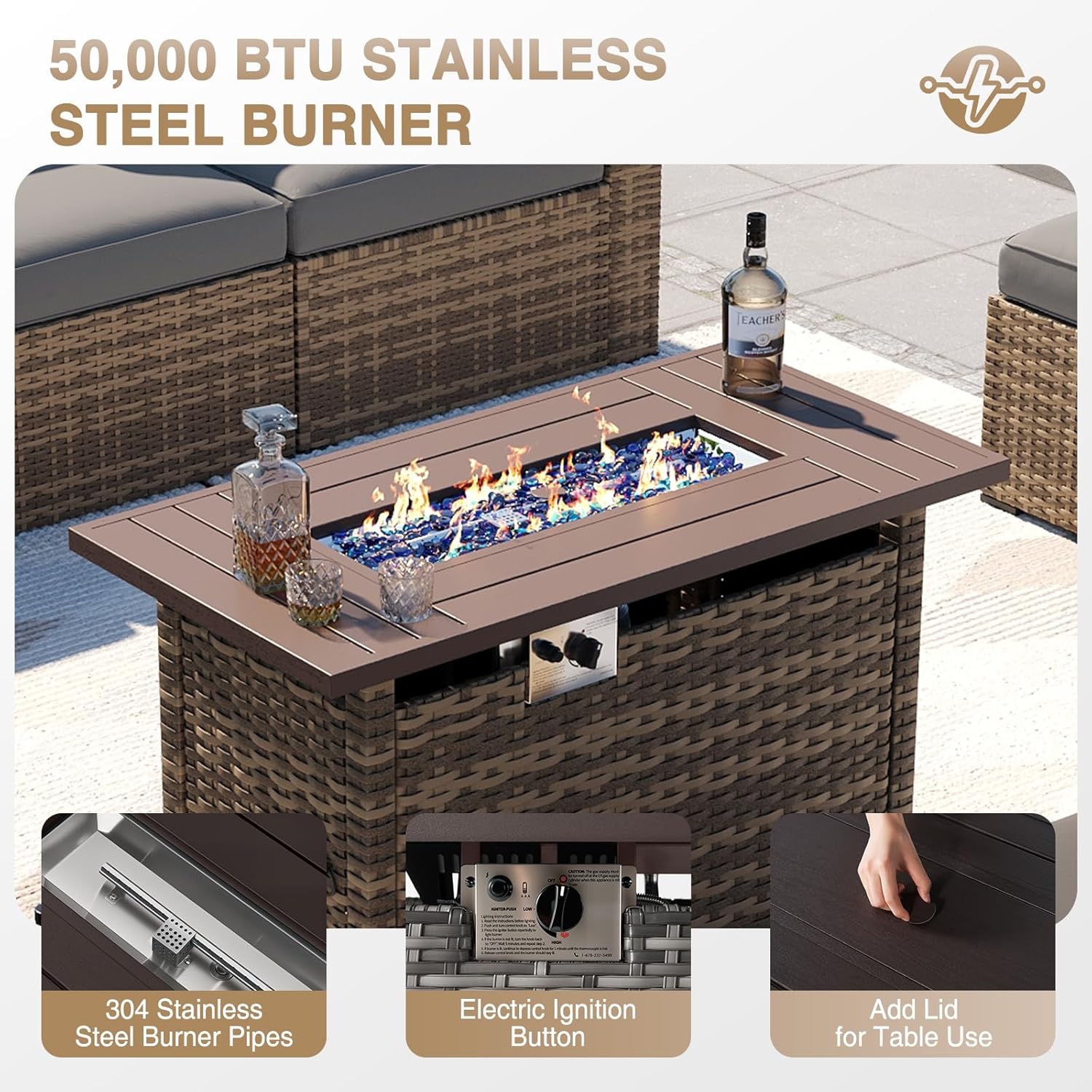 Aoxun Outdoor Fire Pit Table-44in CSA Propane Fire Table Square-50,000 BTU Auto Ignition Gas Fire Pit with with Lid, Hideaway Tank Holder and Anti-Corrosion Coating, Black