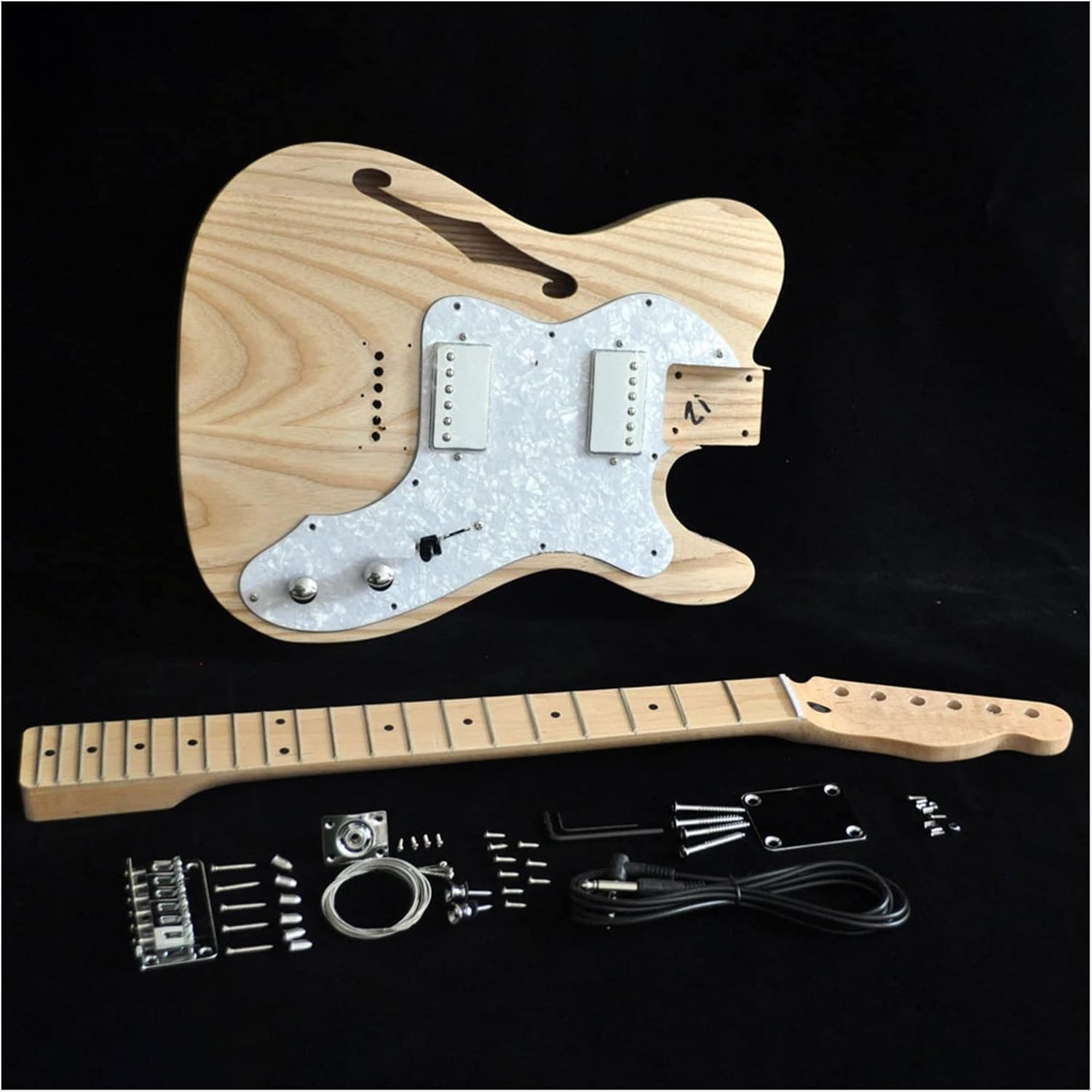 DIY Electric Guitar Kit Semi-Hollow Ash Body with F Holes Maple Neck 21 FretsTruss Rod Adjust Unfinished Guitar Set